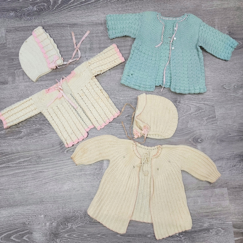 VINTAGE 5 Piece Crochet Sweaters and Bonnet Hat Bundle Lot
